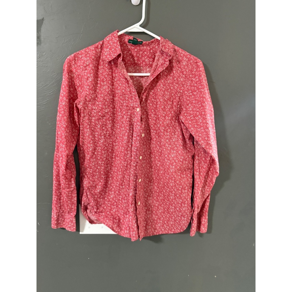 Lauren Ralph Lauren Womens Red Floral Cotton Cottage Shirt Small LRL Long Slv